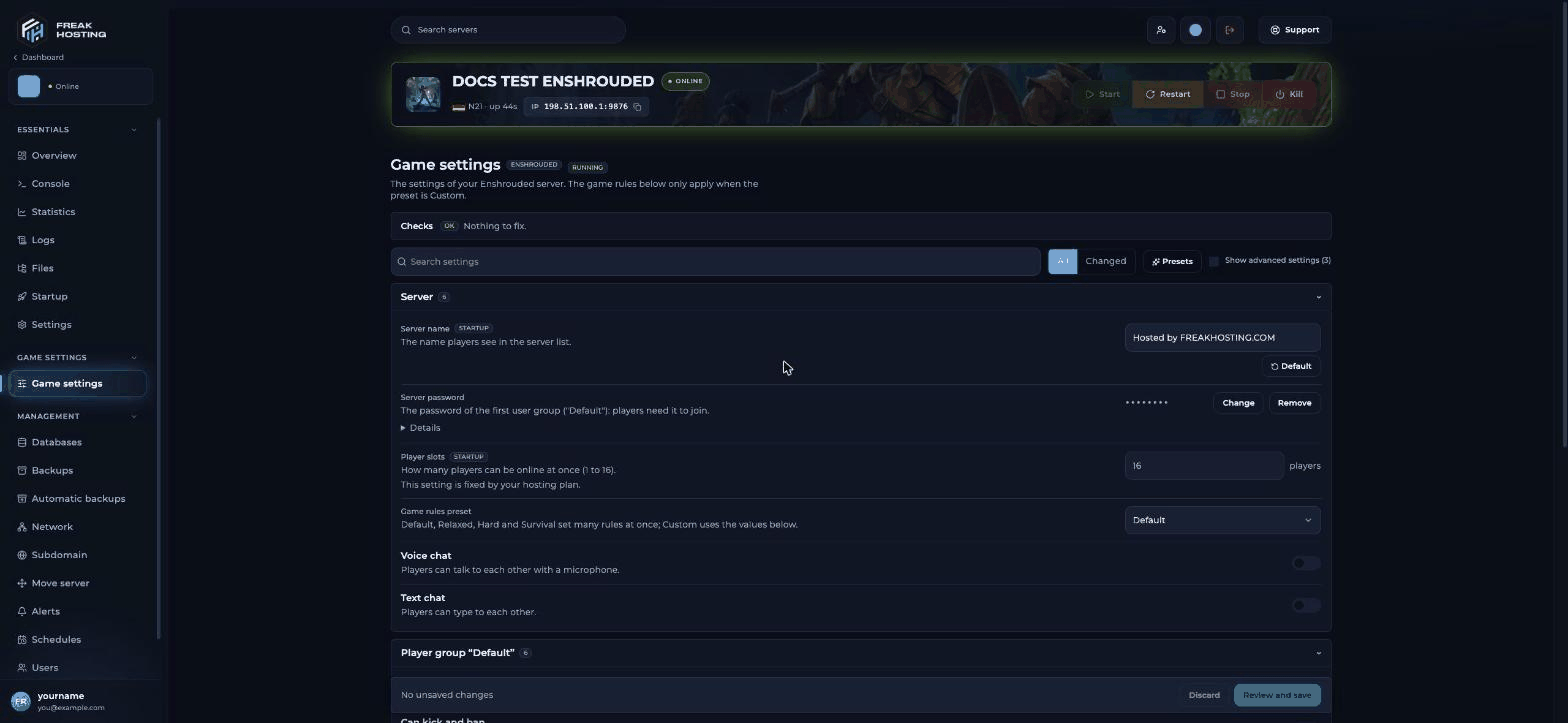 Enshrouded Game settings page with the Checks bar, Search settings box, All and Changed filters, Presets button and the Server section