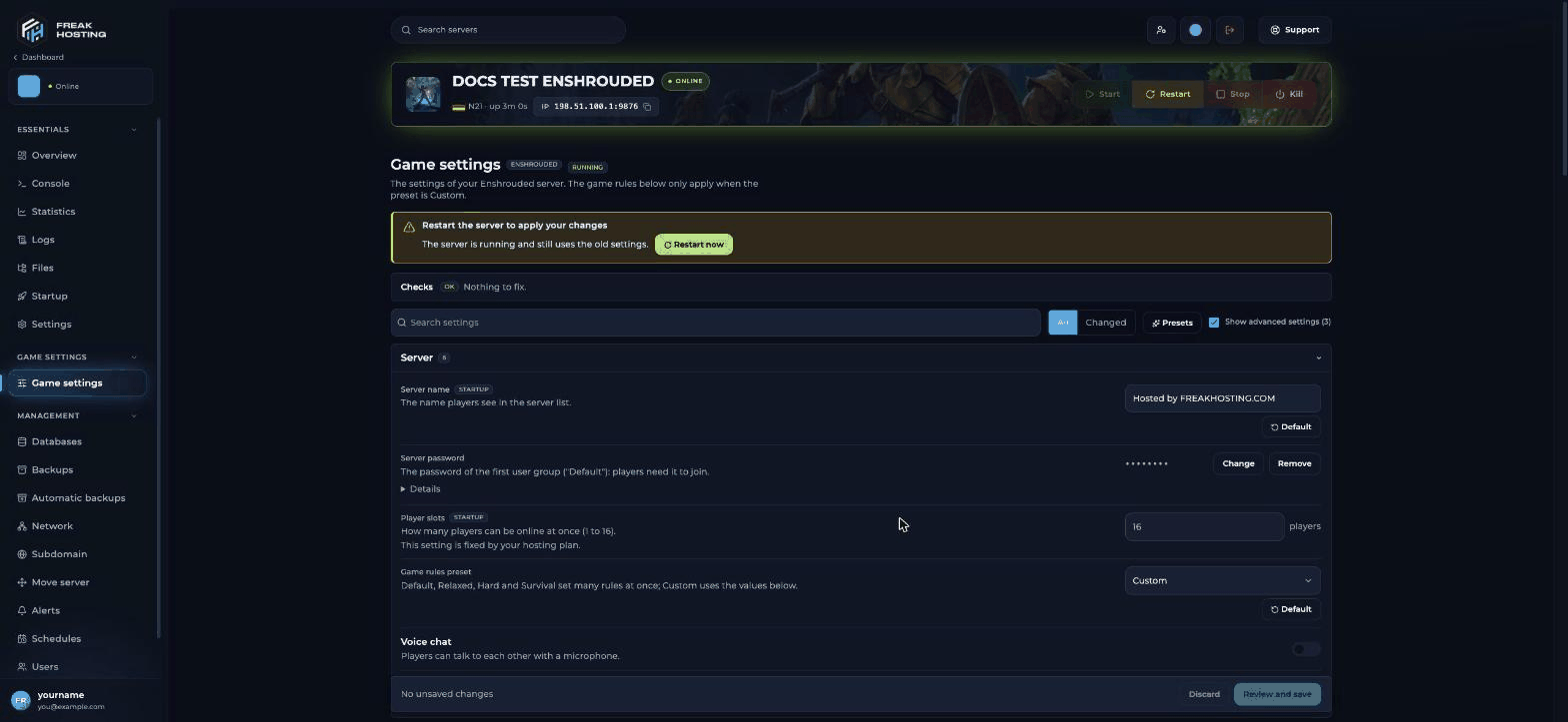 Yellow banner Restart the server to apply your changes with the Restart now button