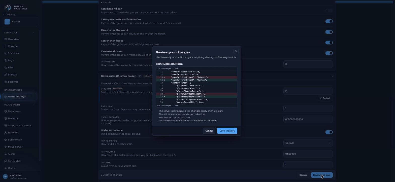 Review your changes dialog for enshrouded_server.json with the old and new values and the Save changes button