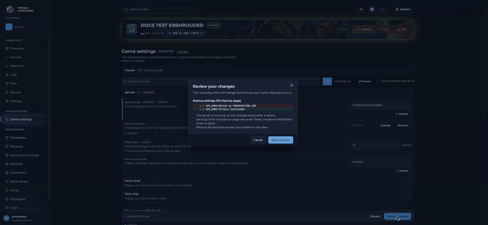 Review your changes dialog showing the Startup settings block with the old and new SRV_NAME server name
