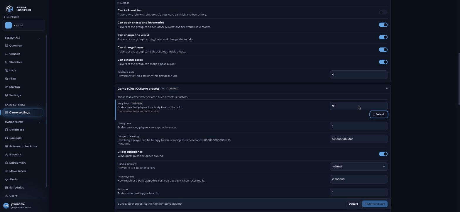 Enshrouded Game settings showing Body heat set to 99 with the error Use a value between 0.25 and 4