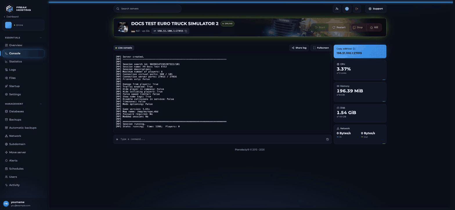 ETS2 server console showing [MP] Session running, the sign the session can be found in the Convoy browser