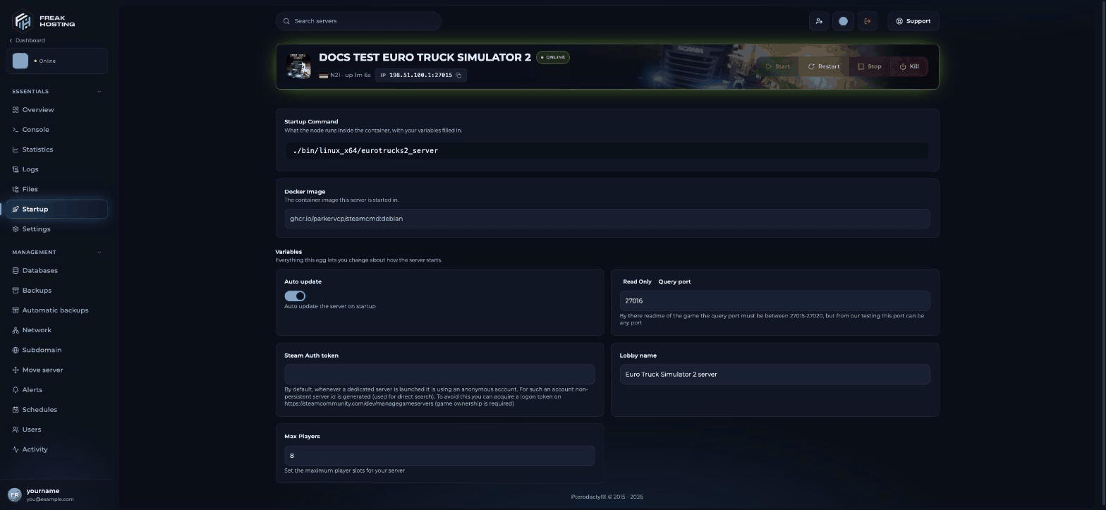 ETS2 Startup page with Auto update, Query port, Steam Auth token, Lobby name and Max Players variables