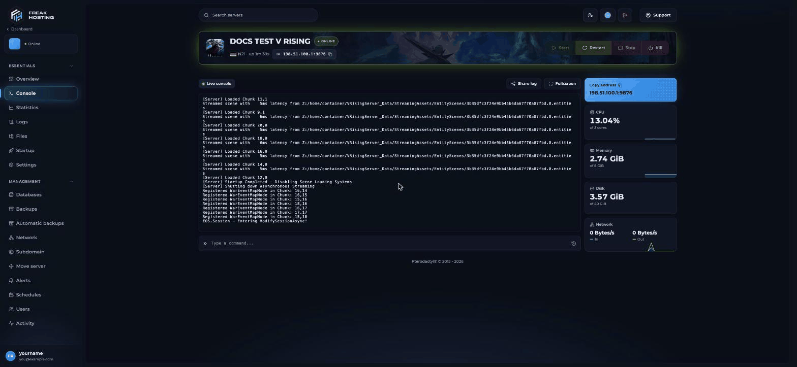 V Rising server console showing Startup Completed, ready for players to join