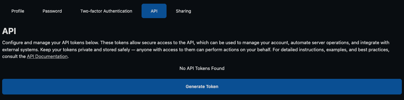 API tab with an explanation, a link to the API Documentation and a Generate Token button