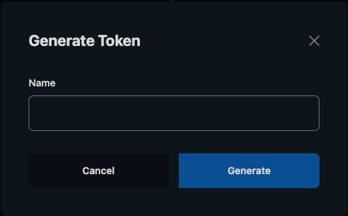 Generate Token window with a Name field and Generate button