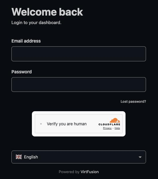 VPS Panel login page with Email address, Password, Lost password link and a Verify you are human check