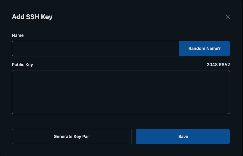 Add SSH Key window with Name, Random Name button, Public Key box, Generate Key Pair and Save