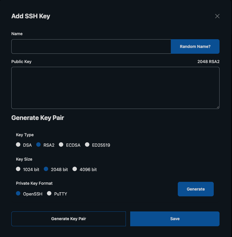 Generate Key Pair section with Key Type, Key Size and Private Key Format options and a Generate button