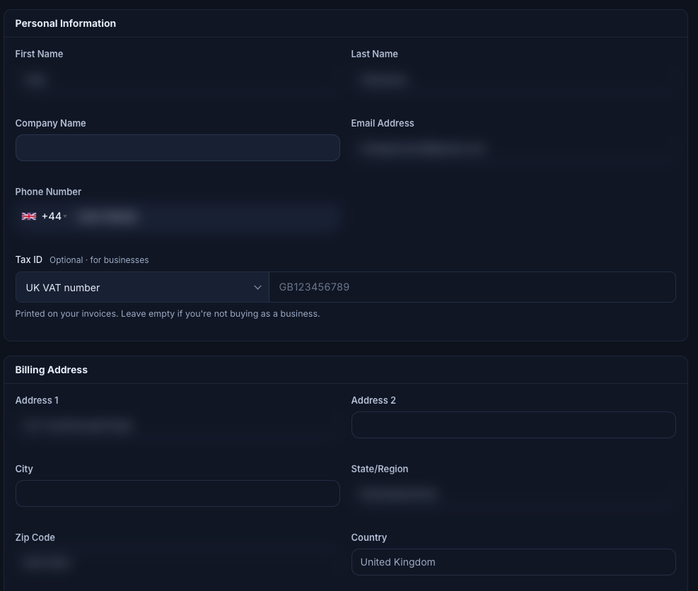 Account Details page with Personal Information, Billing Address and Additional Information sections
