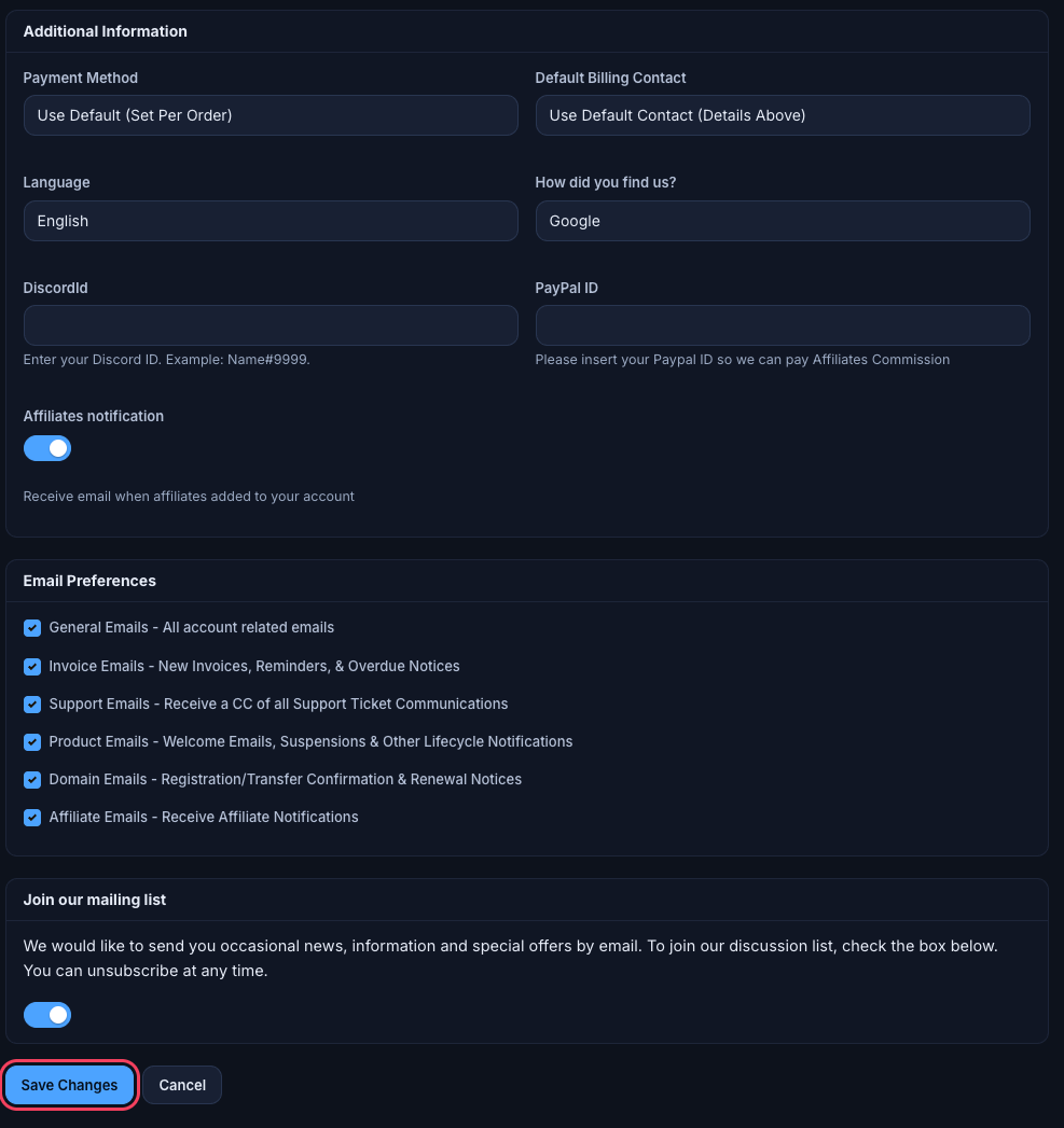 Email Preferences checkboxes and the Join our mailing list switch