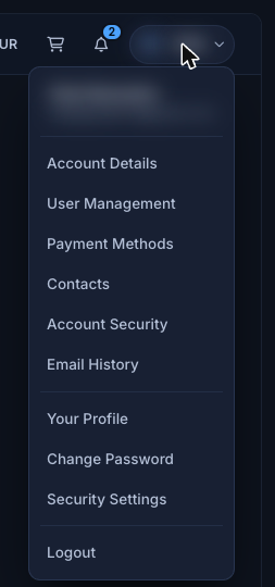 Account menu opened from your name in the top-right corner