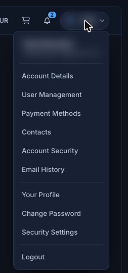 Account menu opened from your name in the top-right corner