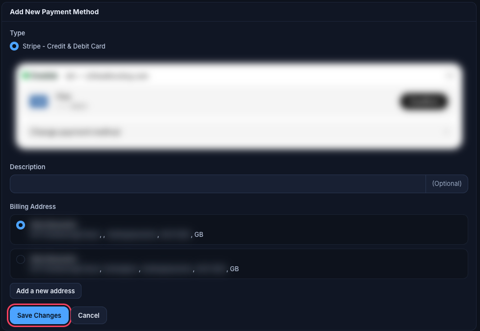 Add New Payment Method form with secure card box, description and billing address
