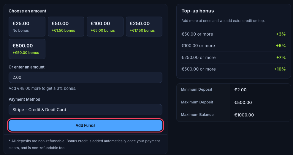 Add Funds page with preset amounts, bonus labels, custom amount and payment method