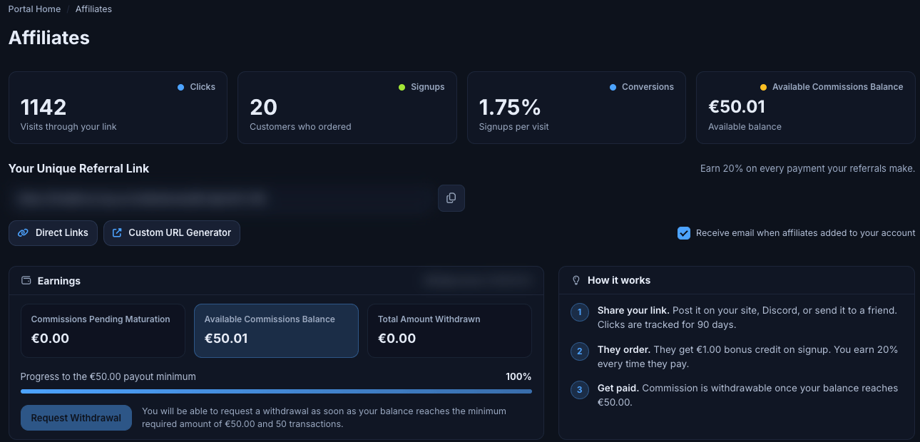 Affiliates page with Clicks, Signups, Conversions and Available Commissions Balance cards