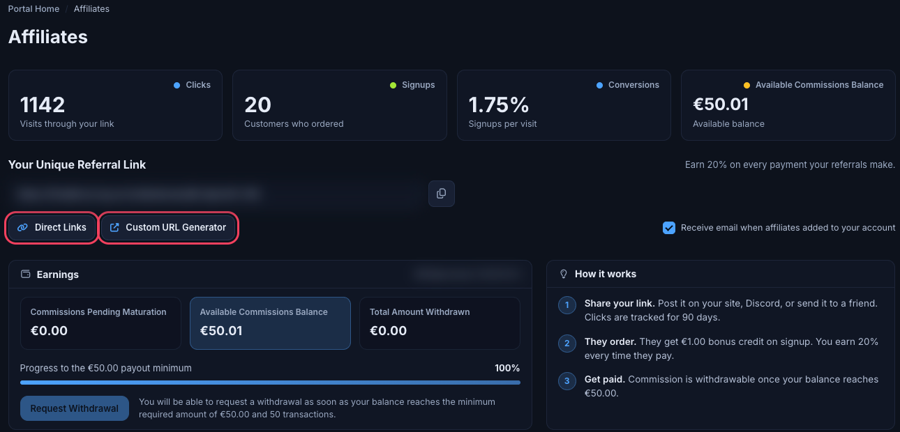 Affiliates page with the Direct Links and Custom URL Generator buttons highlighted