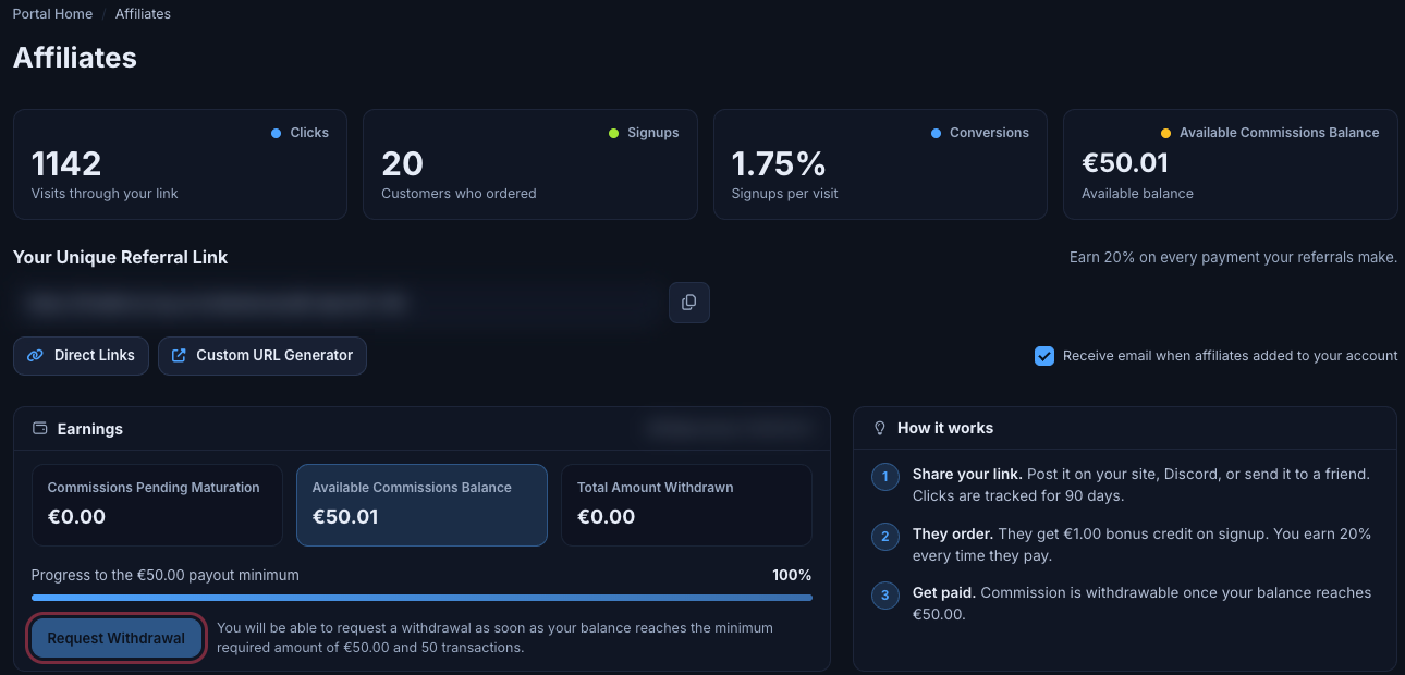 Earnings box with payout progress bar and the Request Withdrawal button highlighted