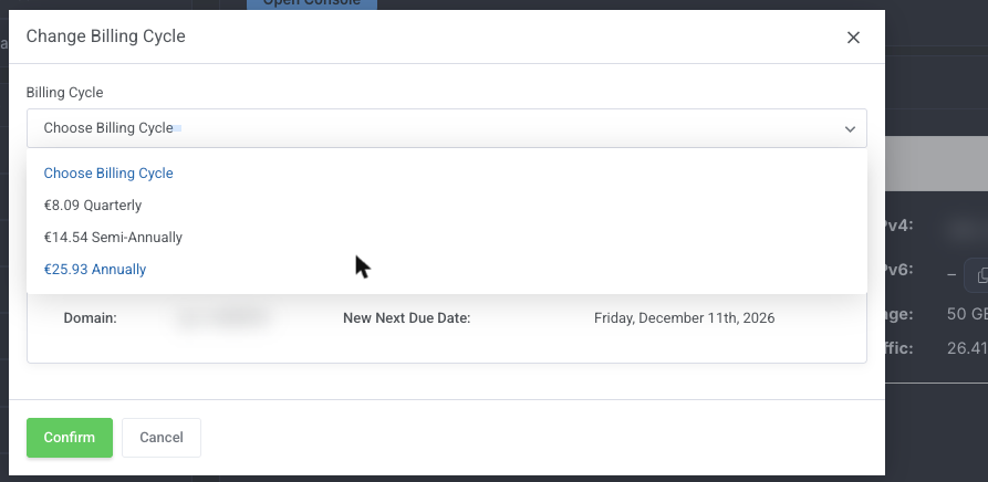 Change Billing Cycle window with cycle choice and new due date