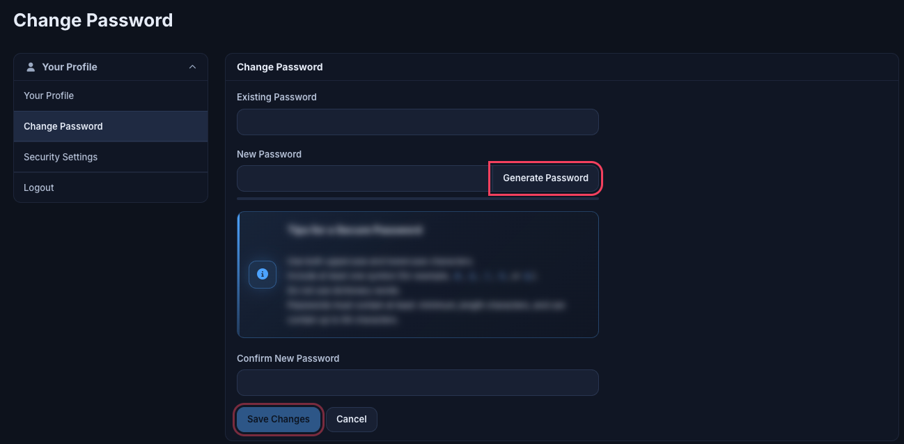 Change Password form with existing password, new password, strength rating and Generate Password