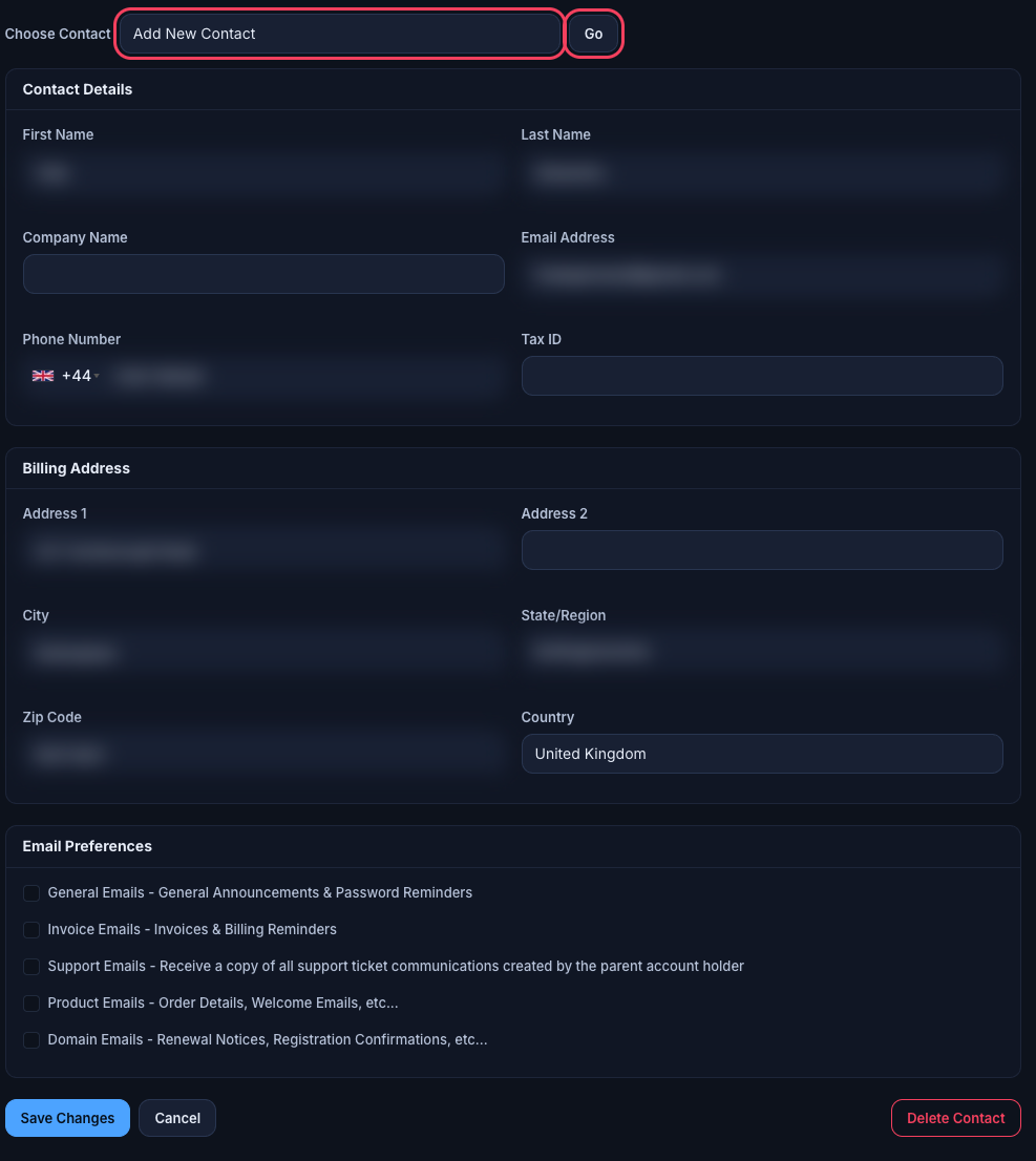 Contacts page with the Choose Contact dropdown and new contact form