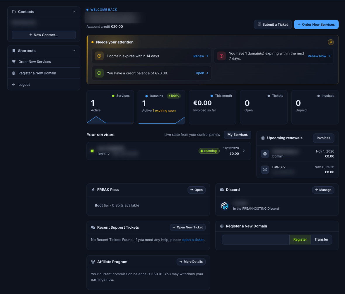 Billing Area Home dashboard with welcome panel, summary cards and your services