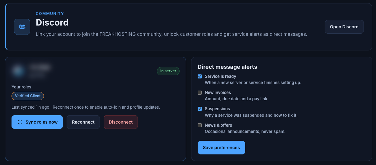 Discord page showing linked account, roles, Sync roles now, Reconnect, Disconnect and direct message alerts