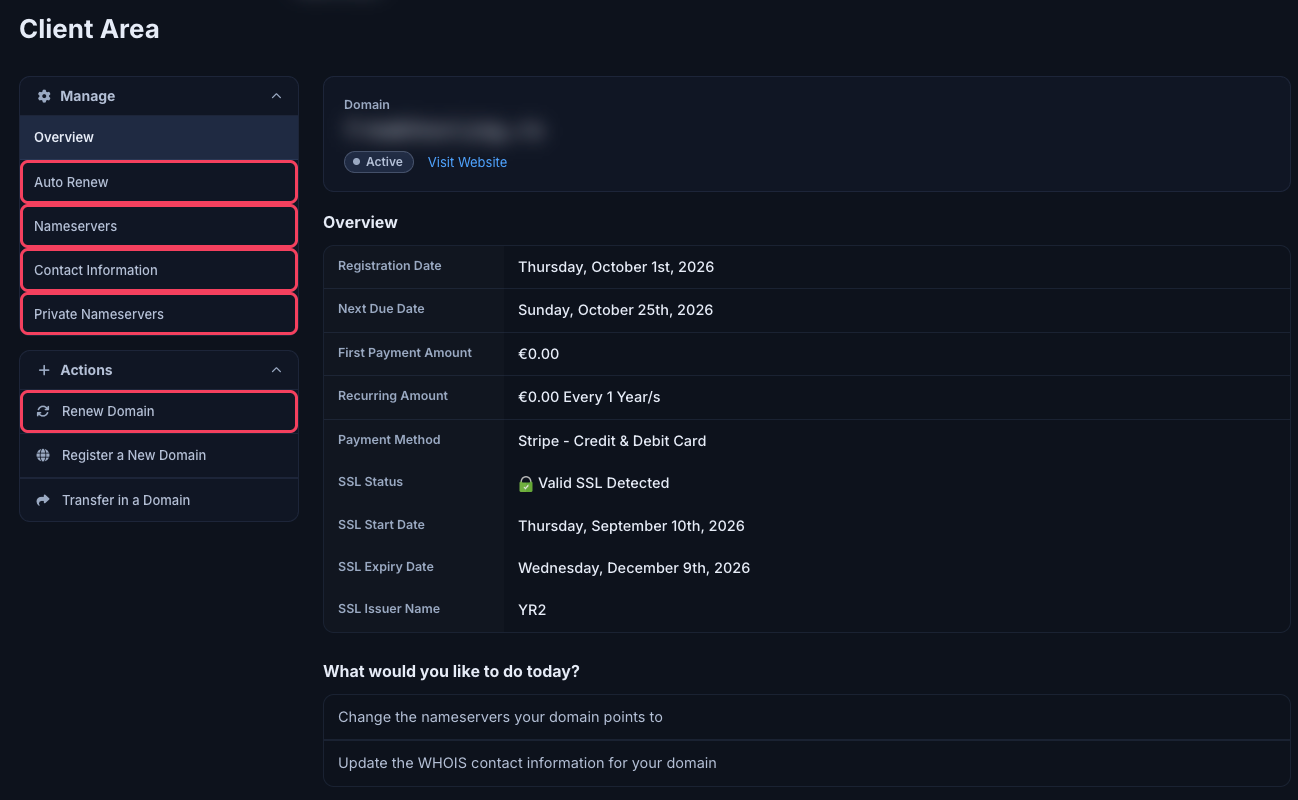 Domain page with the Manage menu on the left and the Overview of dates, prices and SSL status
