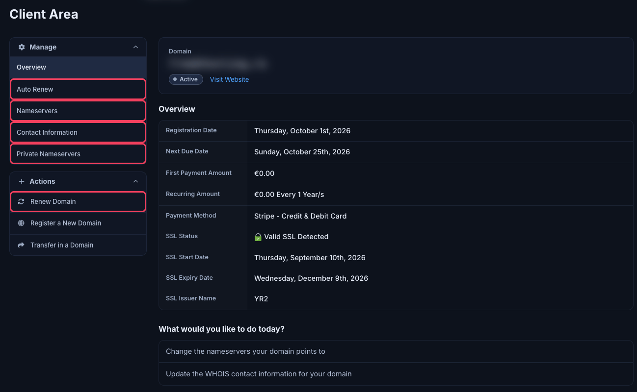 Domain page with the Manage menu on the left and the Overview of dates, prices and SSL status