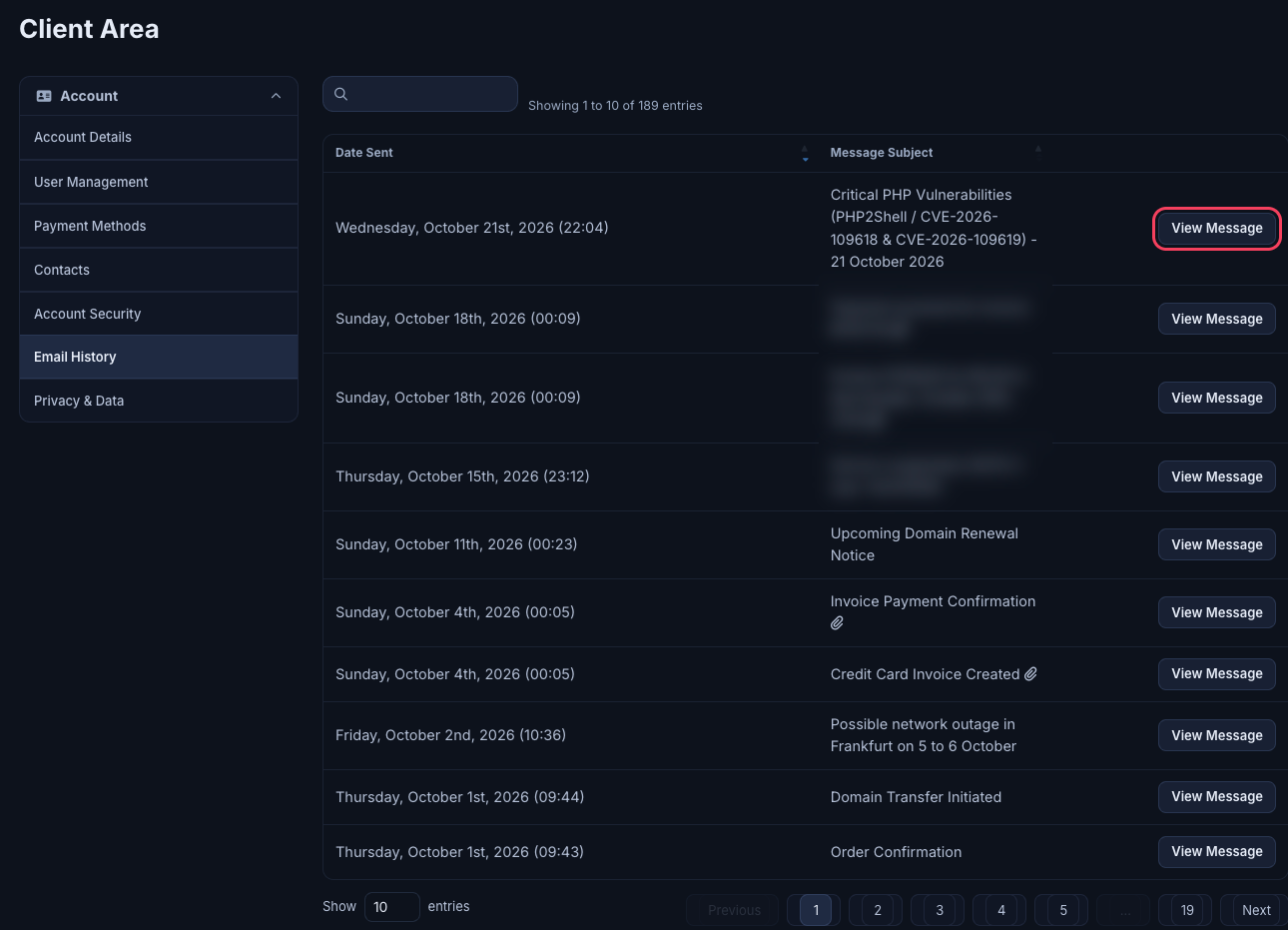 Email History list with date sent, message subject and View Message buttons