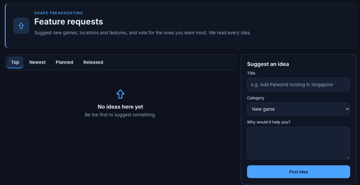 Feature requests page with the Suggest an idea form and Top, Newest, Planned and Released tabs