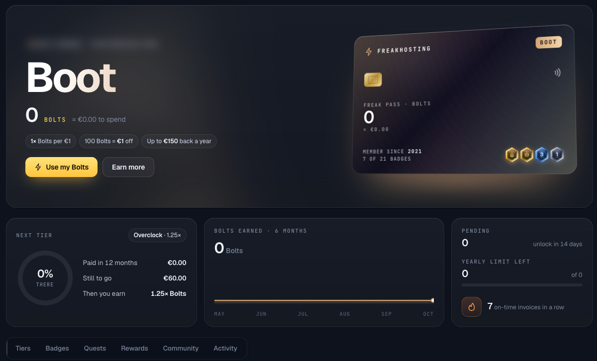 FREAK Pass page with tier, Bolts balance, progress bar, Use my Bolts and Earn more buttons and tabs