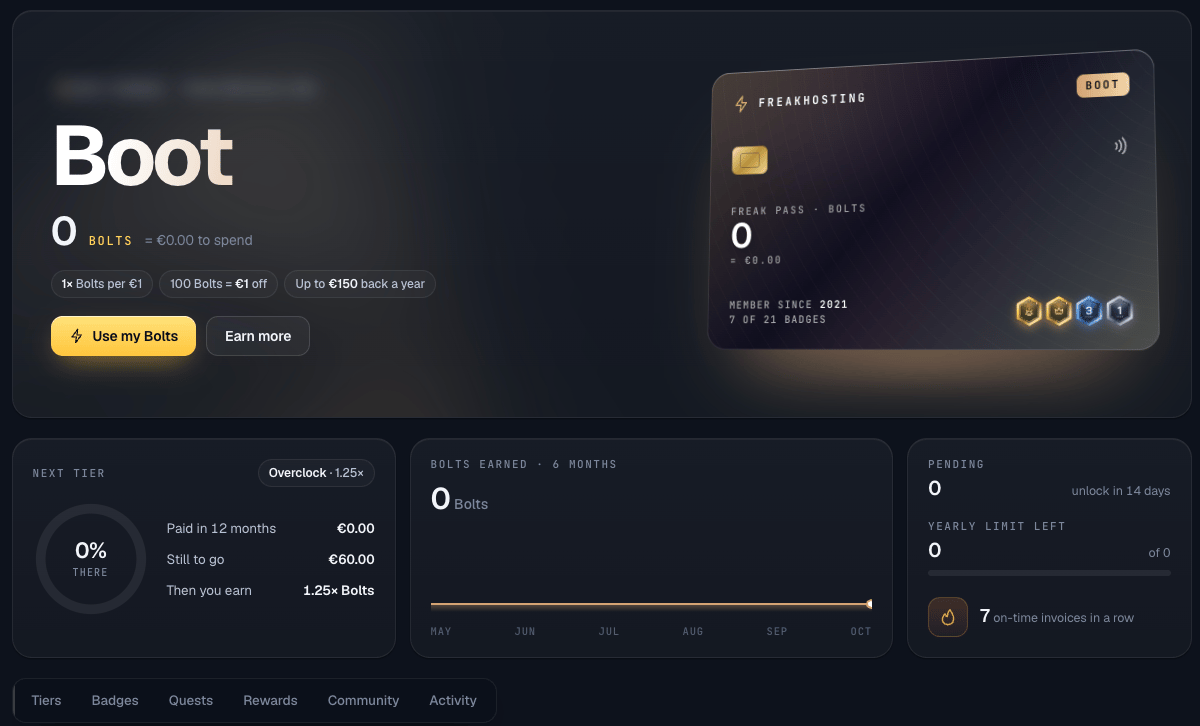 FREAK Pass page with tier, Bolts balance, progress bar, Use my Bolts and Earn more buttons and tabs