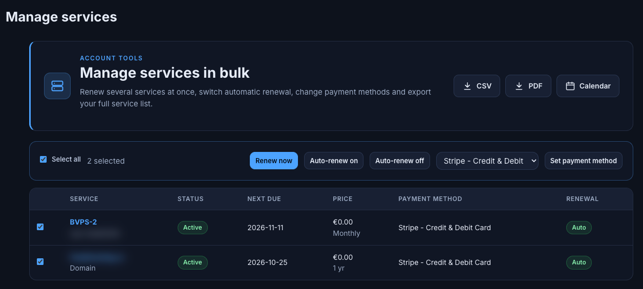 Manage in bulk page with selectable services, Renewal column, bulk action buttons and CSV/PDF export