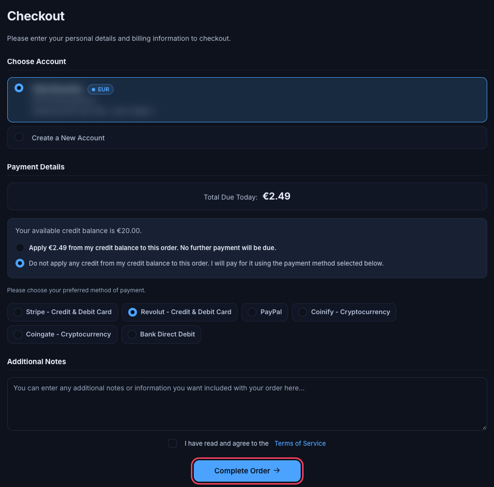 Checkout page with account, credit, payment method, notes and Terms of Service checkbox