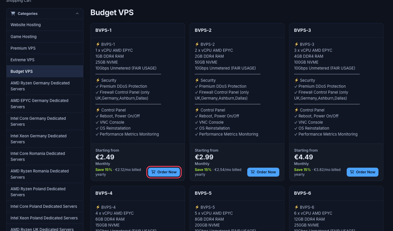 Store page with product categories on the left and plan cards with Order Now buttons