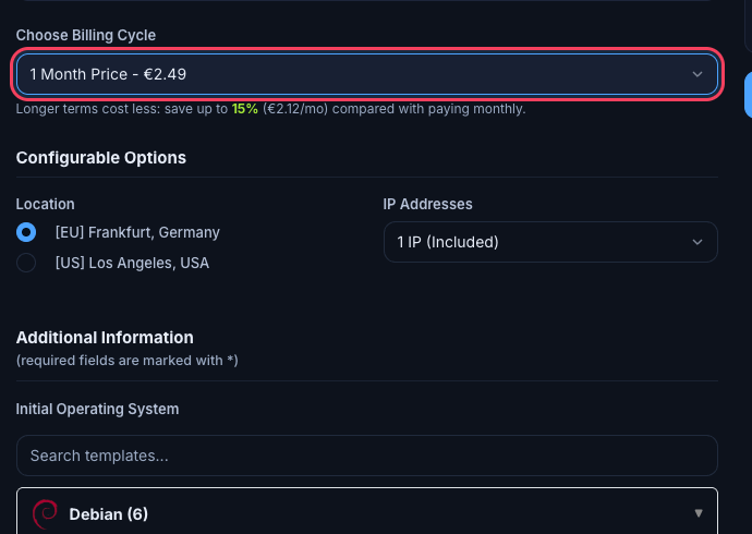 Configure page with billing cycle, location and IP options and the Order Summary