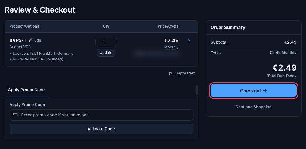 Review and Checkout page with the cart item, promo code box and Checkout button