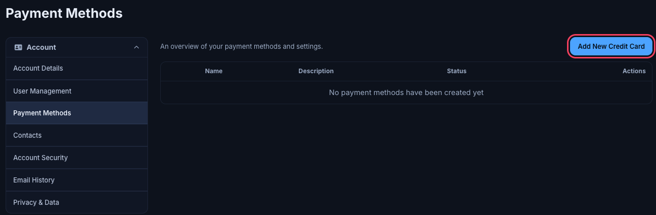 Payment Methods page with saved cards and the Add New Credit Card button