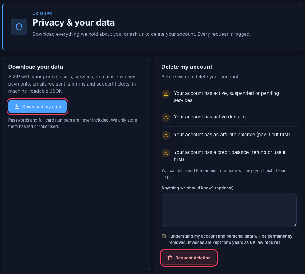 Privacy and Data page with Download your data and Delete my account sections