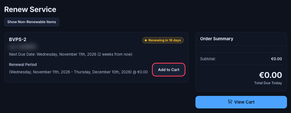 Renew Services page with service cards, renewal period and Order Summary