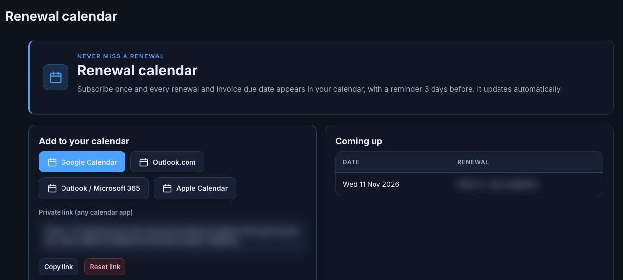 Renewal calendar page with calendar app buttons, private link and Coming up list