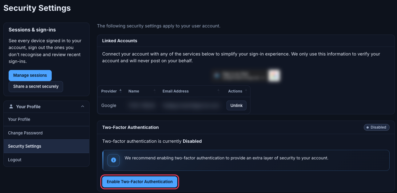 Security Settings page with Two-Factor Authentication, Linked Accounts, Sessions and Share a secret sections