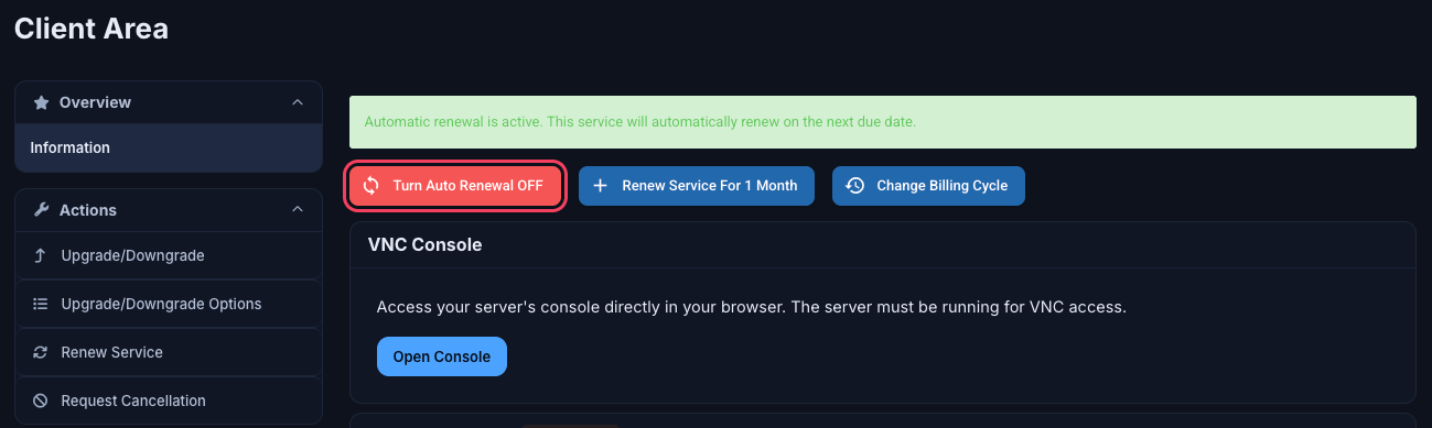 Service page with the Turn Auto Renewal OFF button highlighted