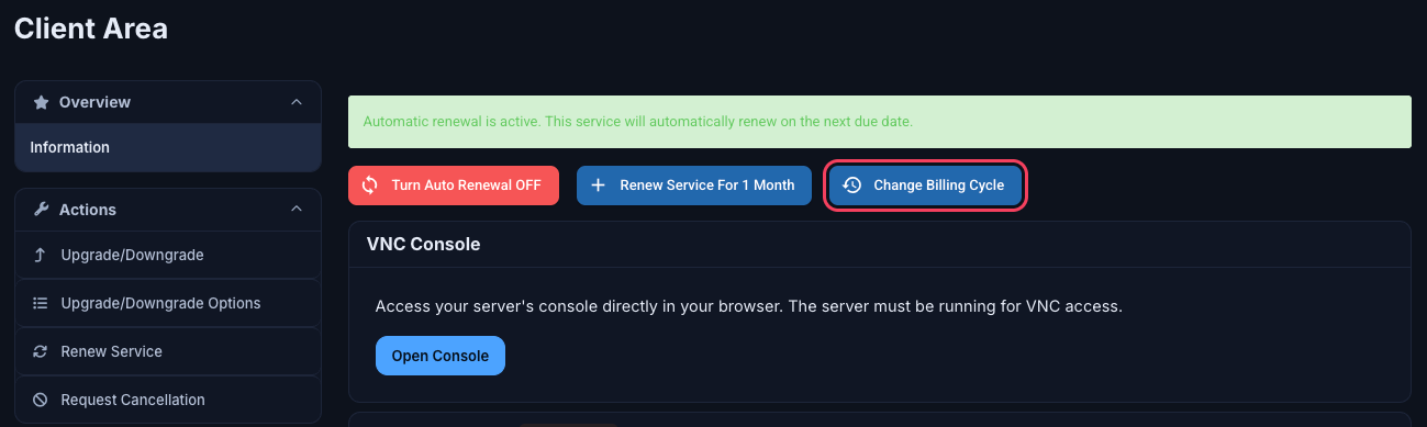 Service page with the Change Billing Cycle button highlighted