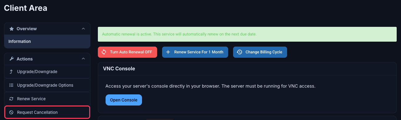 Service page Actions menu with Request Cancellation highlighted