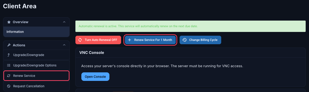 Service page with the Renew Service button highlighted