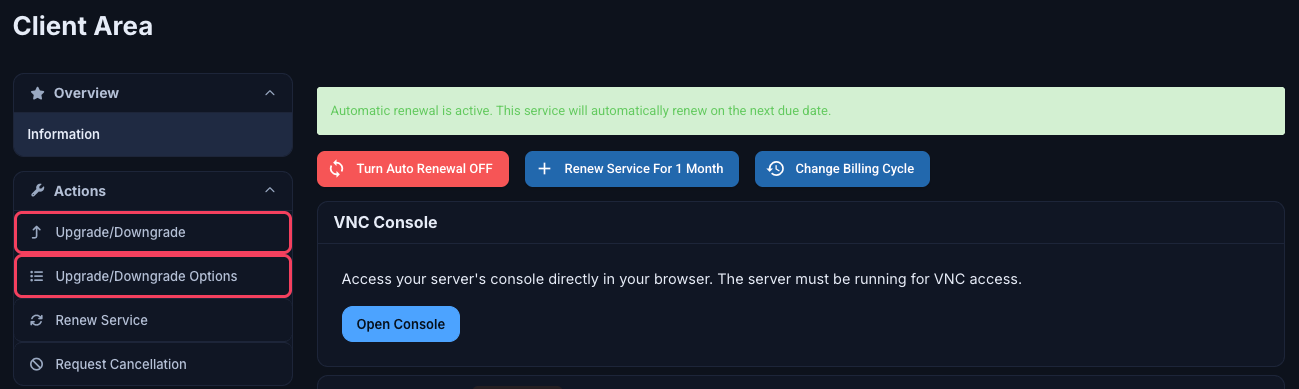 Service page Actions menu with Upgrade/Downgrade highlighted