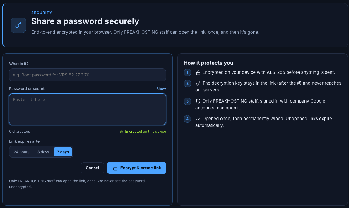 Share a secret form with What is it, Password or secret, Link expires after and Encrypt and create link