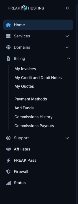 Left menu with the Billing section expanded